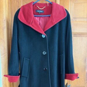 Ellen Tracy Black Winter Coat Womens 8 Red Trim Wool/Angora Blend Lined NWT
